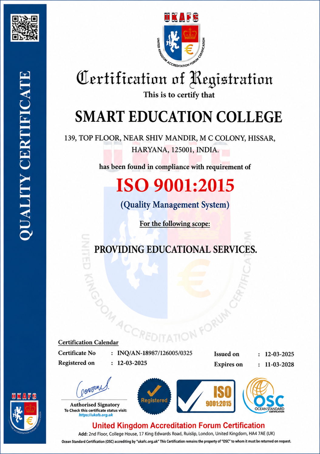 ISO 9001:2015 Quality Management Certificate